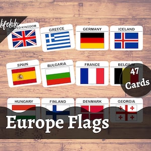 Europa vlaggen Flash Cards, 47 nomenclatuurkaarten, Montessori-materialen, afdrukbare kinderen, afdrukbare Montessori, afdrukbare kaarten, afdrukbare PDF