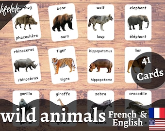 Wilde dieren FRANSE versie - Engelse tweetalige kaarten | 41 Franse Flash-kaarten | Thuisonderwijs | Montessori-materiaal - afdrukbare download