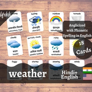 Carte meteorologiche in HINDI / Carte flash hindi / Carte bilingue inglesi / Materiale Montessori / Giocattoli Flash Card - Download stampabile