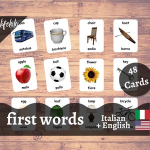 First Words ITALIAN Version - English Bilingual Cards | 48 Flash Cards | Preschool | Montessori | Homeschooling - Printable Download