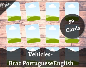 Vehicles Brazilian PORTUGUESE Flashcards, Means of Transport English Bilingual Cards, Portuguese Language Cards, Homeschool Digital Download
