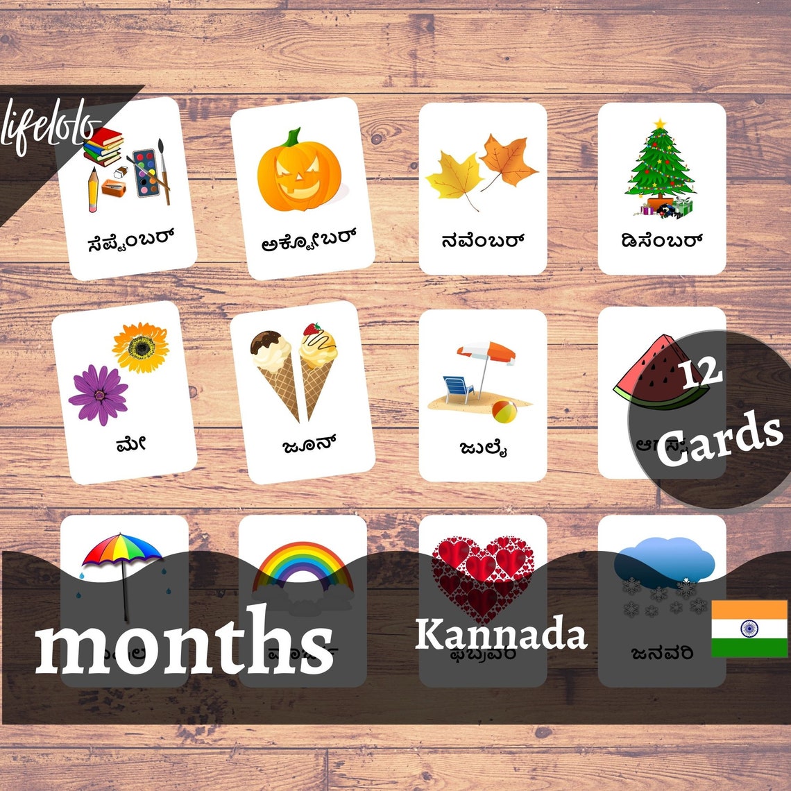 Months of the Year KANNADA Flash Cards, 12 Bilingual Cards, Montessori ...