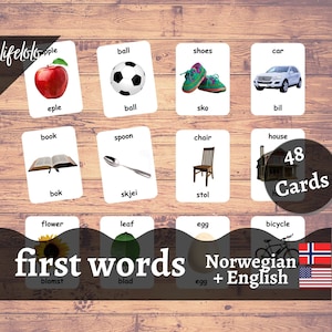 First Words NORWEGIAN Version - English Bilingual Cards | 48 Flash Cards | Preschool | Montessori | Homeschooling - Printable Download