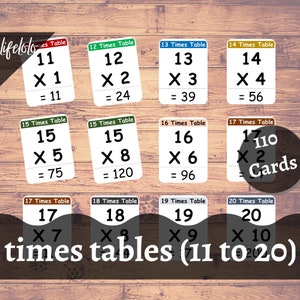 Times Table Printable 11 To 20, Multiplication Table Flash cards, Homeschooling, Math Printable Cards, Montessori Math, Montessori Material