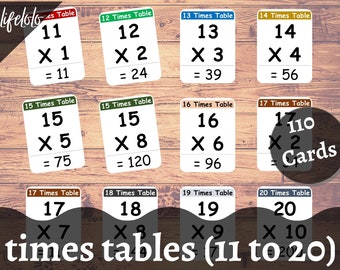 Times Table Printable 11 To 20, Multiplication Table Flash cards, Homeschooling, Math Printable Cards, Montessori Math, Montessori Material