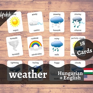 Wetterkarten auf UNGARISCH | Ungarisch Lernkarten | Englische zweisprachige Karten | Montessori Material | Lernkarten Spielzeug - Printable Download