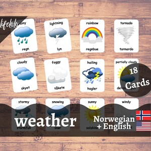 Cartões meteorológicos em NORUEGA | Cartões flash noruegueses | Cartões Bilíngues em Inglês | Materiais Montessorianos | Brinquedos de cartões flash - download para impressão