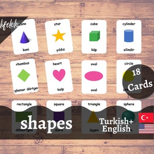 Shapes TURKISH Flash Cards | English Bilingual Cards | Geometric Shapes | Shapes Flash cards | Turkish Flash Cards - Printable Download