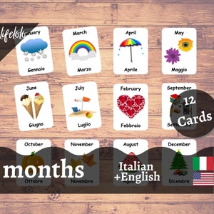 Monate des Jahres ITALIENISCH Flash-Karten, 12 zweisprachige Karten, Montessori druckbare Vorschule, Homeschool, druckbare Kinder-Download