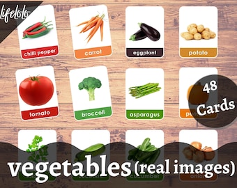 Verduras (48 Tarjetas) Imágenes reales - Tarjetas Flash / Montessori / Educación en el hogar / Educativas / Tarjetas de tres partes - Descarga digital