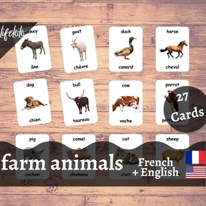 Animaux de la ferme | FRANÇAIS | Cartes bilingues anglais | 27 cartes flash en français | Matériel Montessori | École à la maison - Téléchargement imprimable