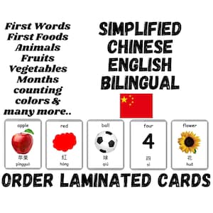 Simplified Chinese Flash Cards, Printed Laminated Flashcards in Simplified Chinese, Bilingual Cards with English Pronunciations