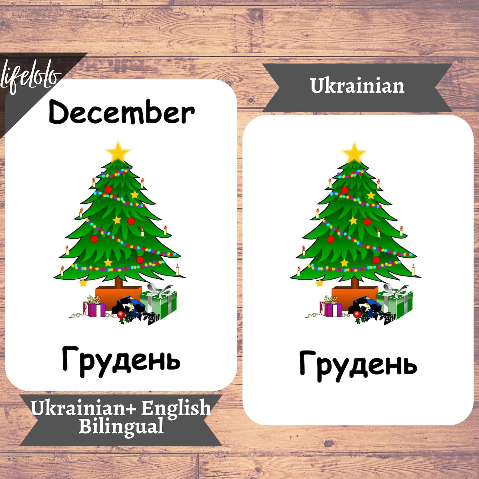 Months of the Year UKRAINIAN Flash Cards, 12 Bilingual Cards