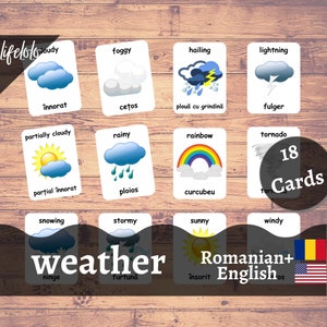 Cartões meteorológicos em ROMENO | Cartões Flash Romenos | Cartões Bilíngues em Inglês | Materiais Montessorianos | Brinquedos de cartões flash - download para impressão