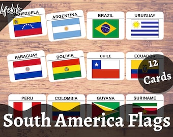 SOUTH AMERICA FLAGS  | 12 Flash Cards, Montessori Cards, Homeschooling, Kids printable, Montessori Printable, Printable Cards, Pdf printable