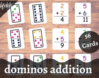 May include: Nine white cards with dominoes and addition problems. The dominoes have different coloured dots. The addition problems are written in black, green, purple, and yellow. The text "dominos addition" is written in black at the bottom of the image. The text "Cards" is written in black on a white circle in the top right corner of the image.
