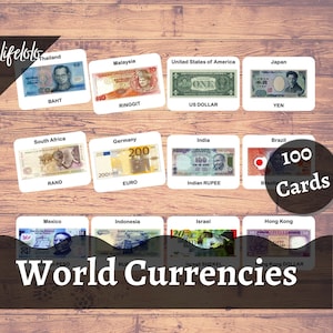 Moeda mundial, cartões flash, cartões Montessori, crianças para imprimir, moeda internacional, cartões de 3 partes, pré-escola em casa, cartões para impressão
