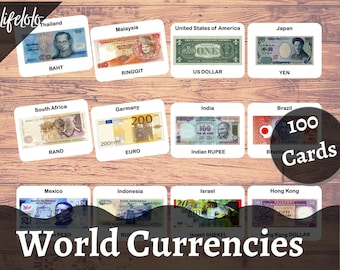 World Currency, Flash Cards, Montessori Cards, Kids printable, International Currency, 3 Part Cards, Homeschool Preschool, Printable Cards