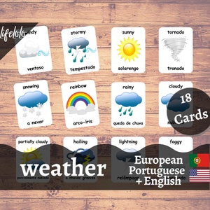 Cartões Meteorológicos em Português Europeu Flash Cards | Cartões Bilíngues em Inglês | Materiais Montessorianos | Brinquedos de cartões flash - download para impressão