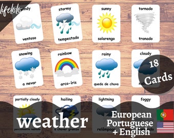 Tarjetas meteorológicas en tarjetas flash portuguesas europeas / Tarjetas bilingües en inglés / Material Montessori / Juguetes de tarjetas flash - Descarga imprimible