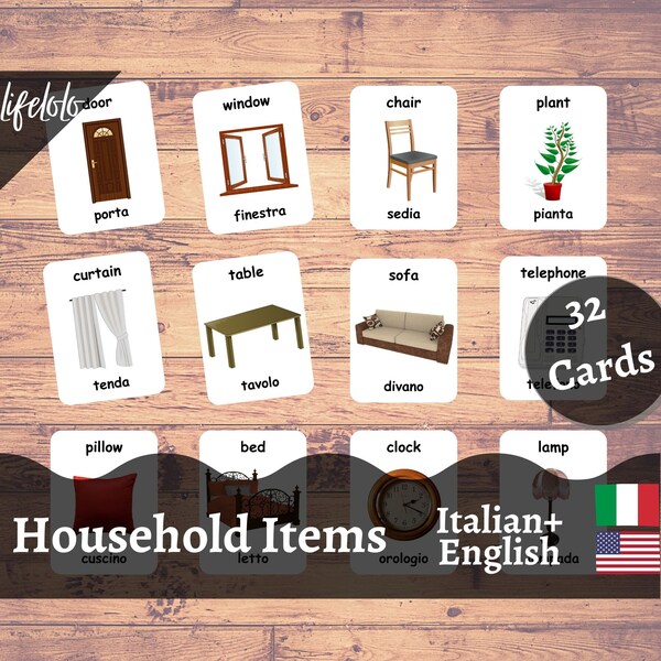 Articles ménagers Cartes flash italiennes, Cartes bilingues anglaises, Montessori imprimables, École maternelle à la maison, Enfants imprimables Télécharger PDF