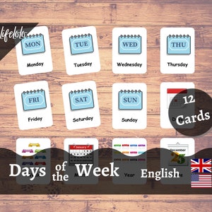 Days of the Week Flash Cards, US and UK English, Montessori Material, Preschool Activity, Homeschool, Montessori - Printable Cards