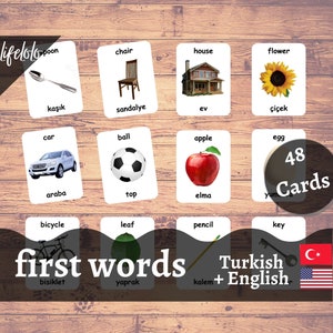 Premiers mots version TURC - Cartes bilingues anglais | 48 cartes flash | Préscolaire | Montessori | Enseignement à la maison - Téléchargement imprimable