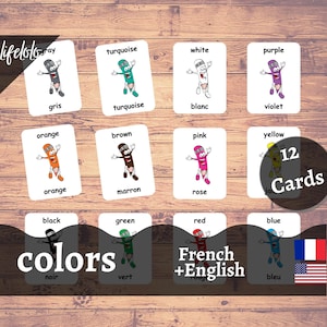 Couleurs Version FRANÇAISE - Cartes Bilingues Anglais | 12 cartes flash en français | École à la maison | Montessori | Cartes en trois parties - Télécharger imprimable
