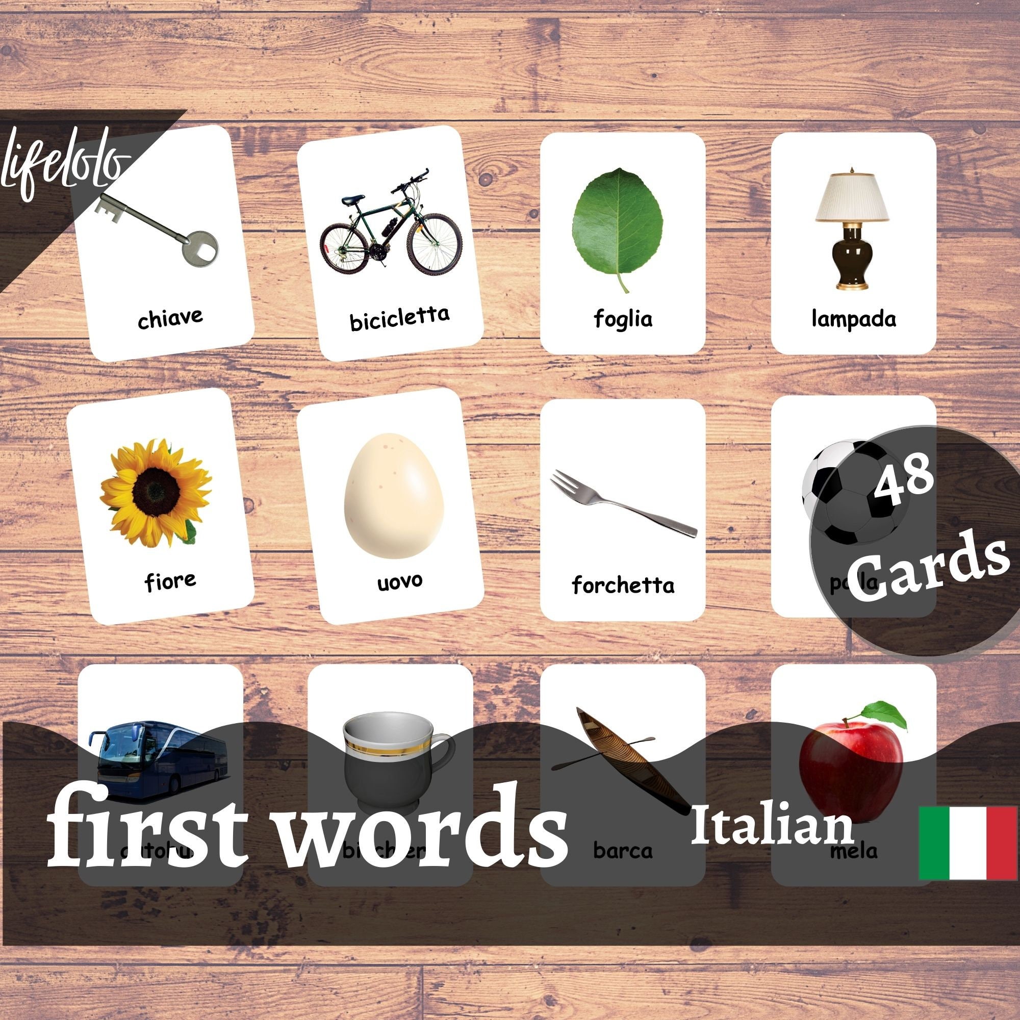 First Words ITALIAN Version - English Bilingual Cards | 48 Flash Cards ...