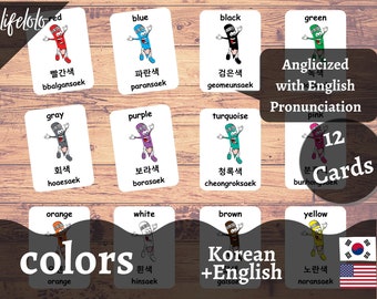 Farben KOREAN Version - Englische zweisprachige Karten | 12 koreanische Flash-Karten | Homeschooling | Dreiteilige Karten - Download Printable