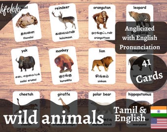 Wild Animals Tamil-English Flash Cards: Bilingual Montessori Printable (Digital Download