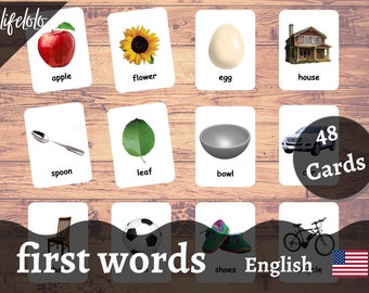 First Words (Real Pictures), Flash Cards, US and UK English, Montessori Material, Preschool Activity, Homeschool, Montessori Printable Cards