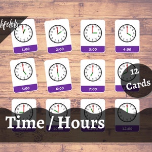 Ore dell'orologio - 12 schede flash / Attività di lettura del tempo / Materiali Montessori / Carte in tre parti / Homeschooling - Download stampabile