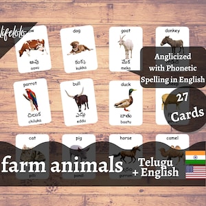 Farm Animals | TELUGU | English Bilingual Cards | 27 Telugu Flash Cards | Montessori Material | Homeschooling | Printable - Digital Download
