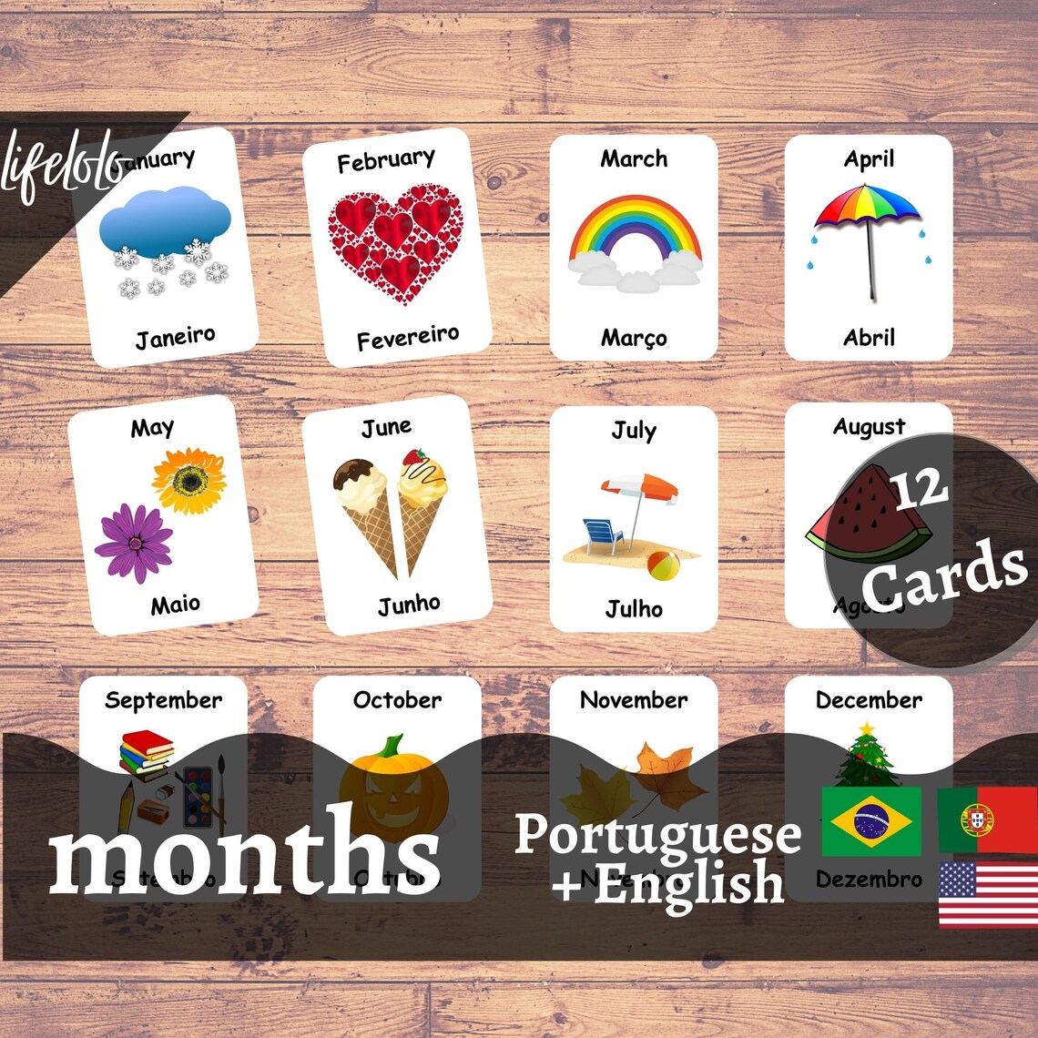Months of the Year PORTUGUESE Flash Cards, 12 Bilingual Cards ...