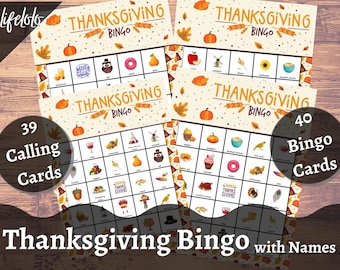 May include: A set of 40 Thanksgiving Bingo cards featuring a range of Thanksgiving-themed images, such as a turkey, pumpkin, cornucopia, and pilgrim hat. The cards are designed for use in a Thanksgiving-themed bingo game.