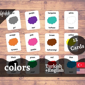 Kleuren TURKSE versie | Engelse tweetalige kaarten | Flitskaarten | Thuisonderwijs | Montessori | Driedelige kaarten - direct afdrukbaar