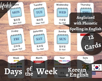 Days of the Week | KOREAN | English Bilingual Cards | 12 Korean Flash Cards | Montessori Materials | Homeschooling - Printable Download
