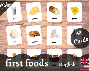 First Foods, 48 Flash Cards, US & UK English, Montessori Cards, Nomenclature Cards, Printable Cards, Montessori Toys, Preschool Homeschool