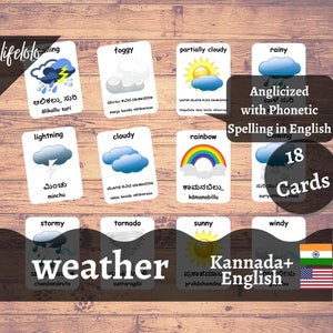 Cartões meteorológicos em KANNADA | Cartões Flash Kannada | Cartões Bilíngues em Inglês | Materiais Montessorianos | Brinquedos de cartões flash - download para impressão