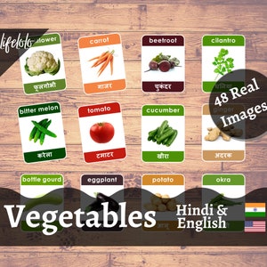 Légumes Flash Cards in HINDI, REAL Pictures, 48 English Bilingue Cards, Printable Cards, Montessori Printable, Homeschool Preschool