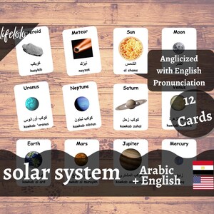 Sistema Solar - Tarjetas Flash ÁRABICA / Tarjetas Montessori / Imprimible Árabe / Imprimible Montessori / Tarjetas de 3 Partes, Planetas Imprimibles