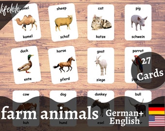 Farm Animals | GERMAN | English Bilingual Cards | 27 German Flash Cards | Homeschooling | Three Part Cards | Montessori - Digital Download