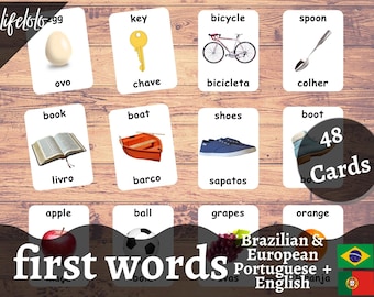 May include: A set of 48 flash cards for learning first words in English, Brazilian Portuguese, and European Portuguese. The cards feature colourful illustrations of common objects, such as an egg, a key, a bicycle, a spoon, a book, a boat, shoes, a boot, an apple, a ball, grapes, and an orange. The cards are labelled with the English word, the Brazilian Portuguese word, and the European Portuguese word.