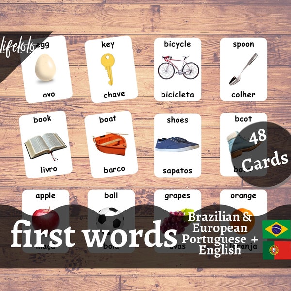 First Words PORTUGUESE Version - English Bilingual Cards | 48 Portuguese Flash Cards | Montessori | Homeschooling - Printable Download