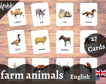 Imágenes reales de animales de granja - 27 tarjetas flash / tarjetas Montessori / educación en el hogar / educativas / tarjetas de tres partes - Descarga imprimible