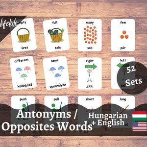Antônimos Flashcards HÚNGAROS, cartões bilíngues em inglês, 104 palavras opostas, cartões flash húngaros, material Montessori, download para impressão