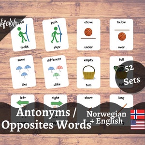 Antónimos Tarjetas didácticas noruegas, Tarjetas bilingües en inglés, 104 palabras opuestas, Tarjetas didácticas noruegas, Material Montessori, Imprimible para niños