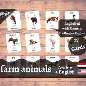 Animali da fattoria / ARABO / Carte bilingue inglesi / 27 Carte in lingua araba / Homeschooling / Carte in tre parti - Download digitale