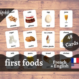 First Foods - FRANCÊS, 48 cartões flash franceses, cartões bilíngues em inglês, cartões de três partes, cartões imprimíveis, educação em casa, aprendizagem de brinquedos para bebês